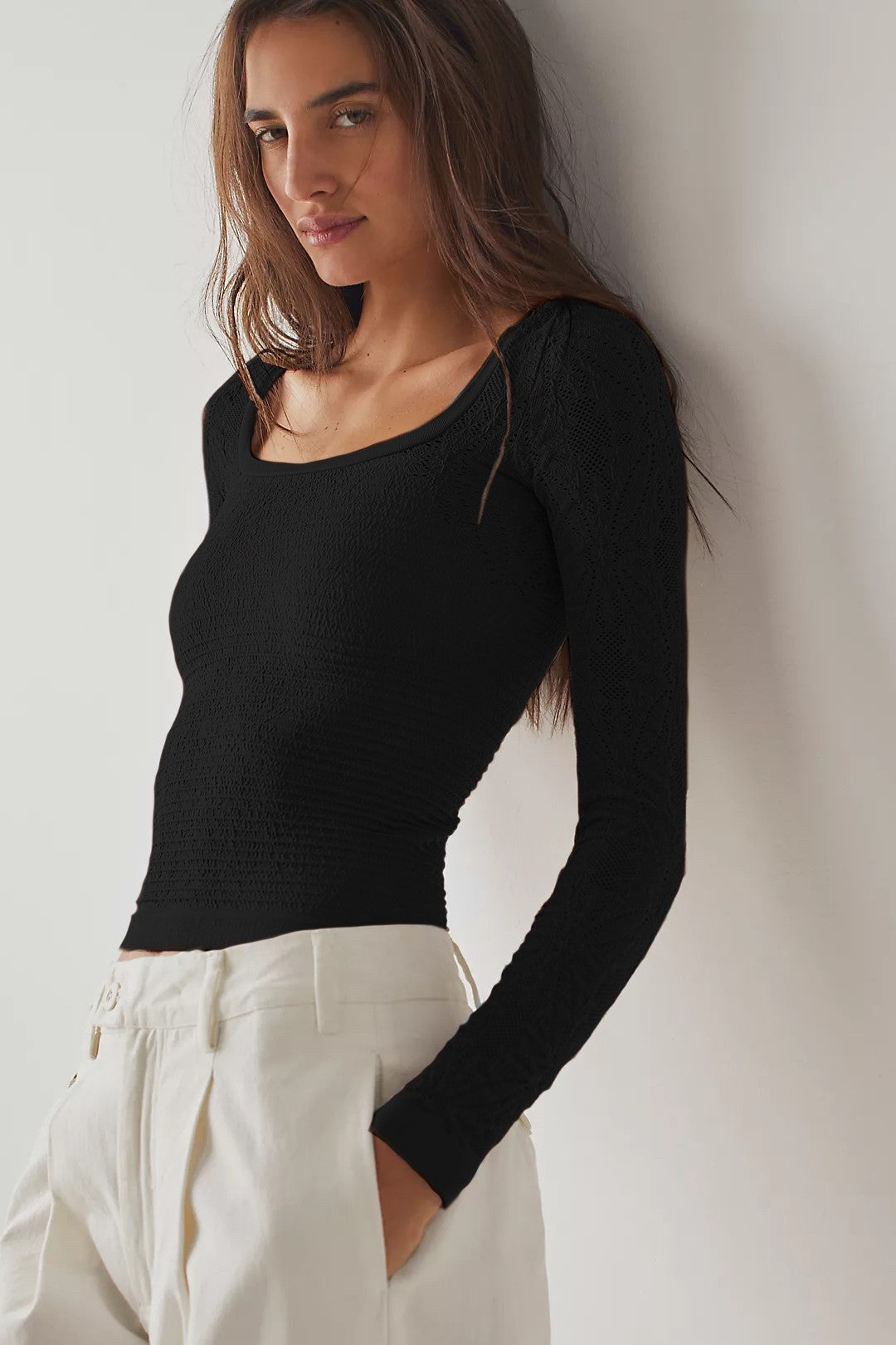 Long Sleeve Jacquard Top Black image 0