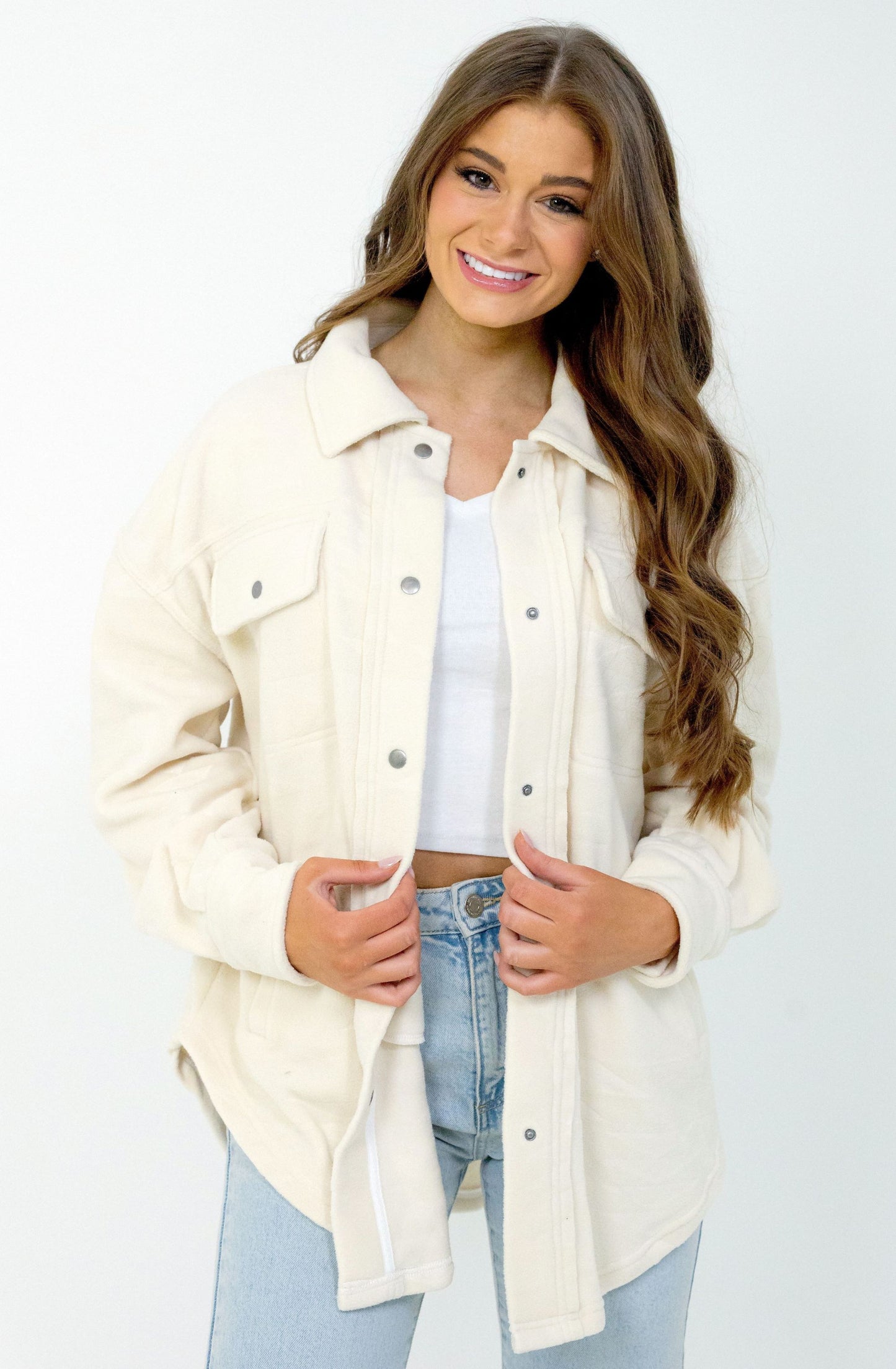 Women's Polar Fleece Shacket Beige Aztec image 10