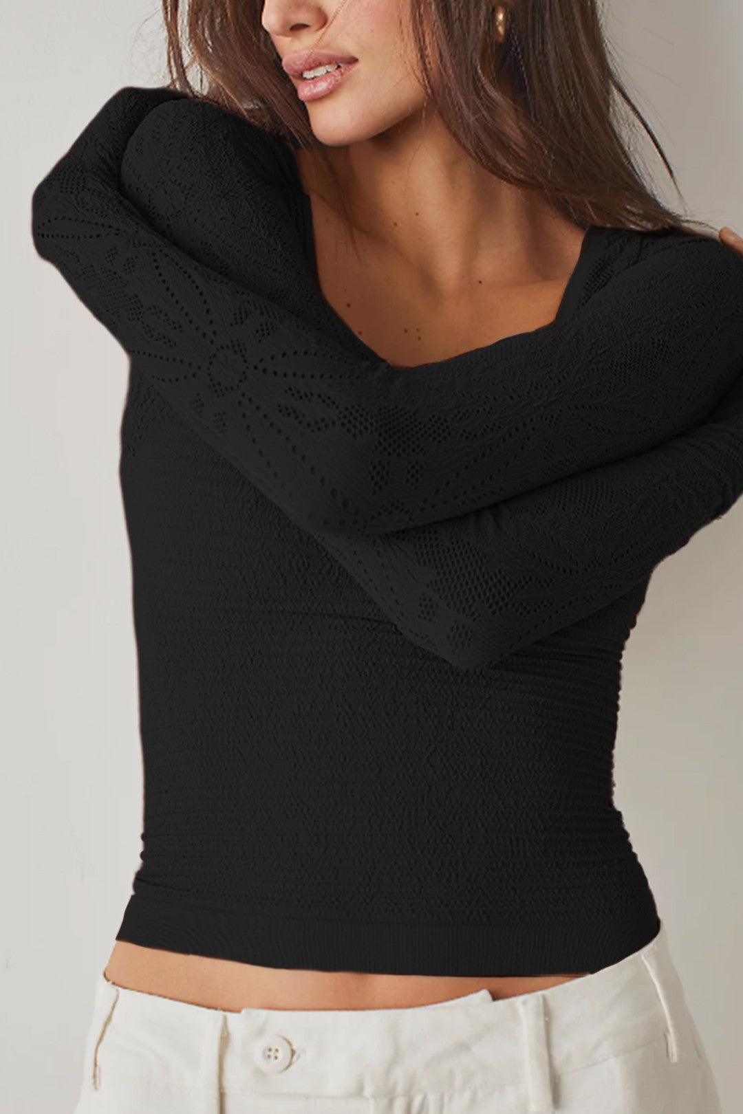 Long Sleeve Jacquard Top Black image 1