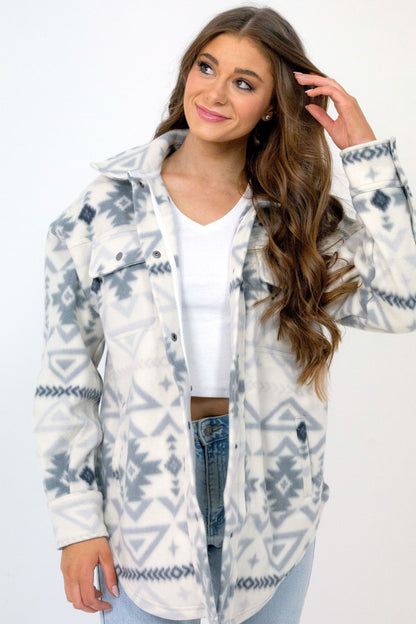 Women's Polar Fleece Shacket Beige Aztec image 3
