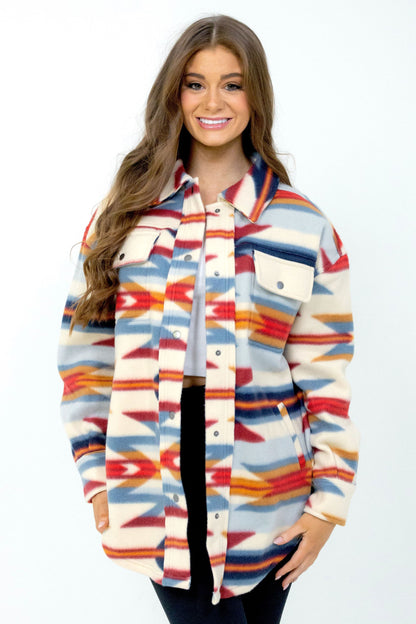 Women's Polar Fleece Shacket Beige Aztec image 5