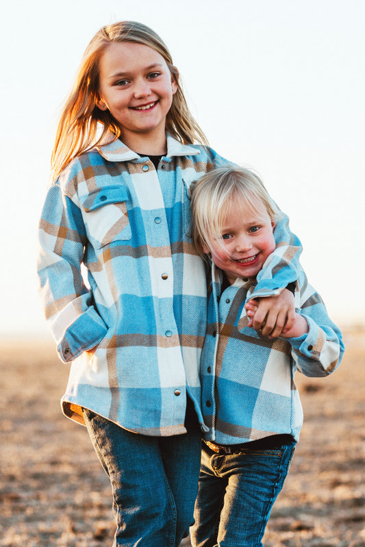 Kid's Shacket Blue Camel Plaid